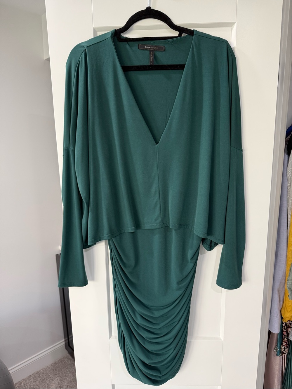 BCBGMaxAzria Teal V-Neck Long Sleeve Draped Ruched Dress